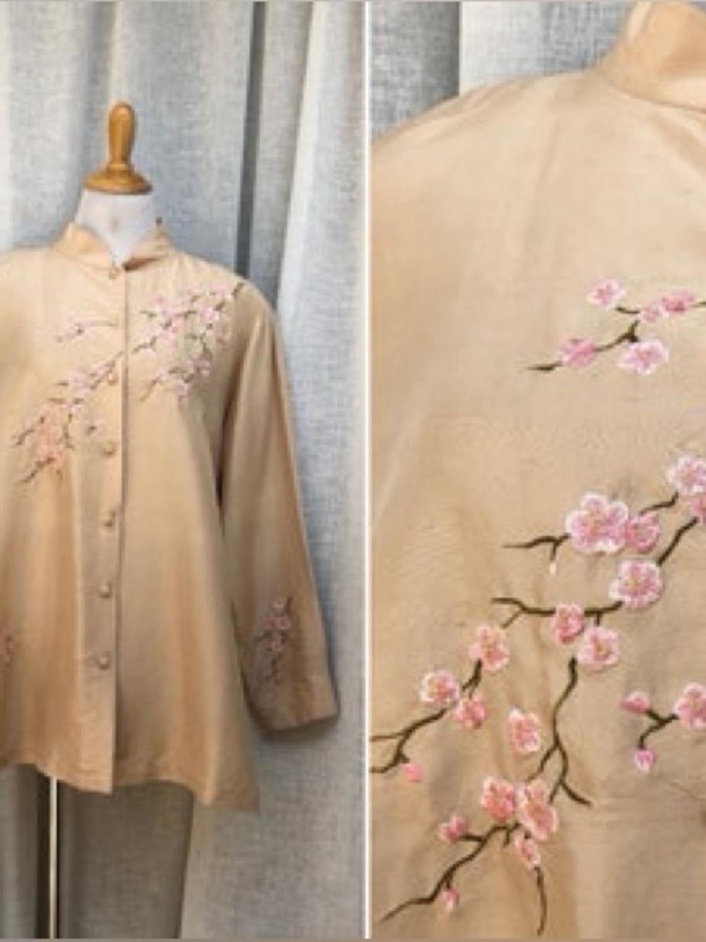 Beige Embroidered Mandarin Button-Down Top silk - Picture 1 of 6